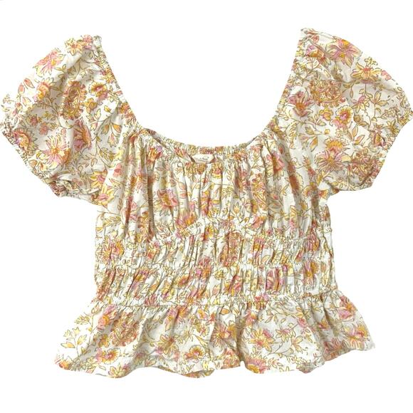 Sim & Sam Women Short Sleeve Floral Smocked Top Yellow Milkmaid Boho Size Large - Picture 1 of 8